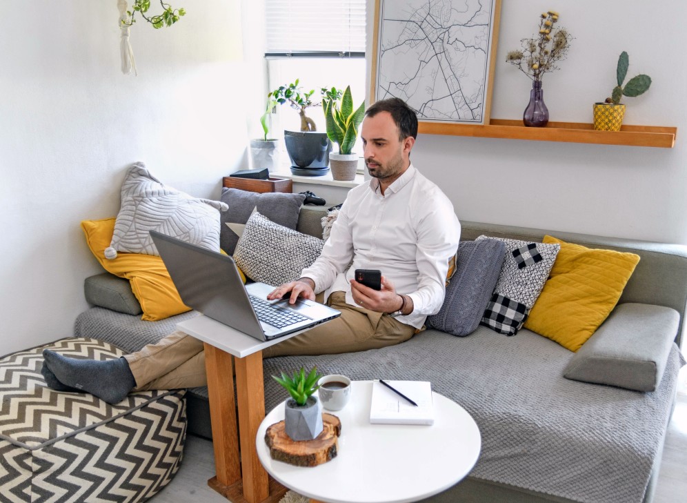 man working on a work from home arrangement